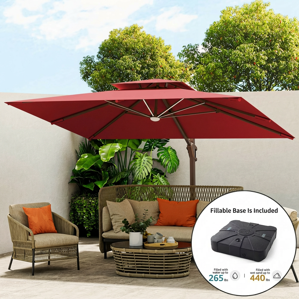 Solar LED Cantilever Outdoor Patio Umbrella with Base