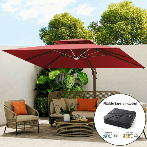 Solar LED Cantilever Outdoor Patio Umbrella with Base