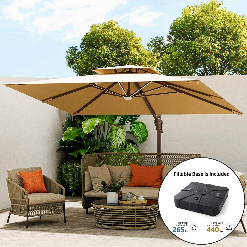 Solar LED Cantilever Outdoor Patio Umbrella with Base
