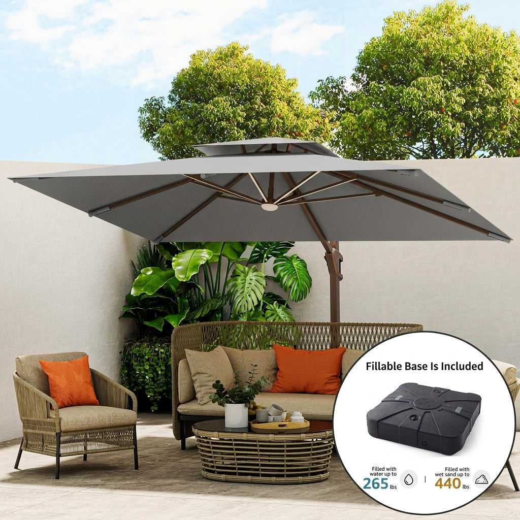 Solar LED Cantilever Outdoor Patio Umbrella with Base