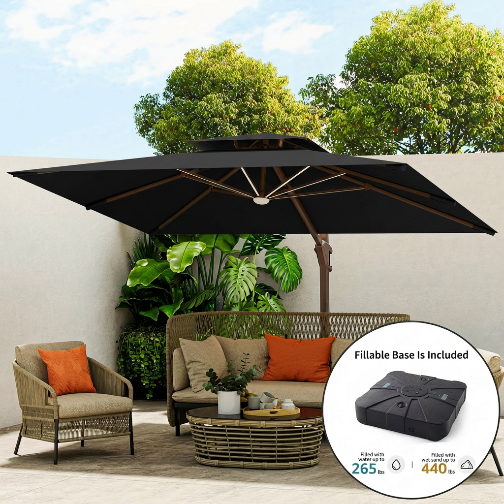Solar LED Cantilever Outdoor Patio Umbrella with Base