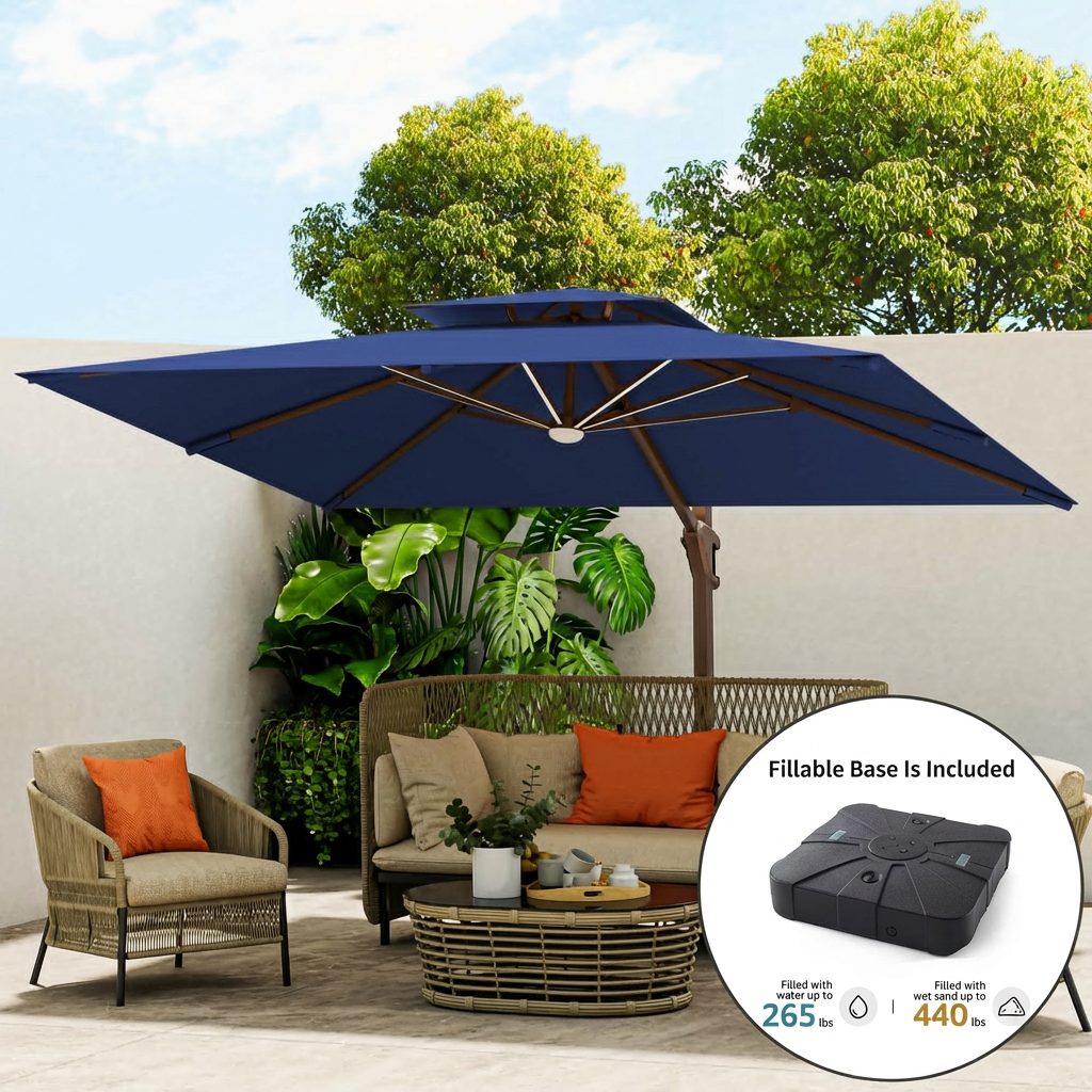 Solar LED Cantilever Outdoor Patio Umbrella with Base